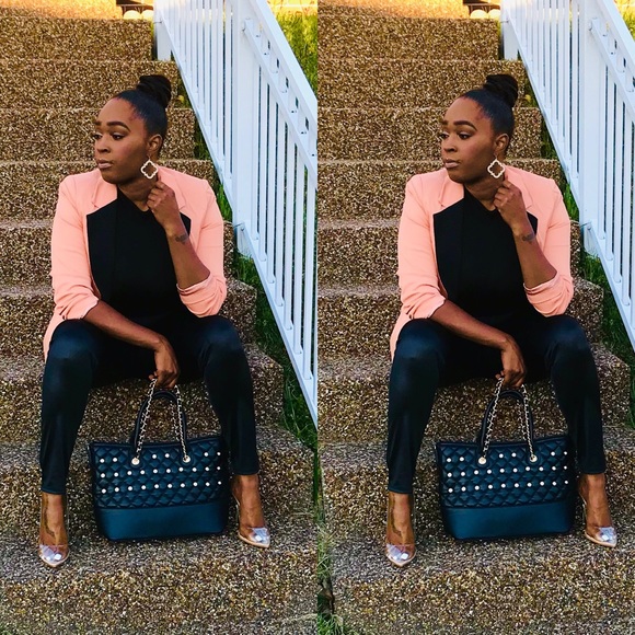 BLVD Jackets & Blazers - BLVD PEACH OPEN FRONT BLACK COLLAR BLAZER